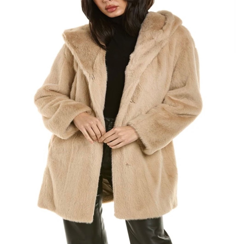 DONNA KARAN COAT FAUX FUR BELTED PLUSH HOODIE WINTER STAPLE TAN PLUS XL …